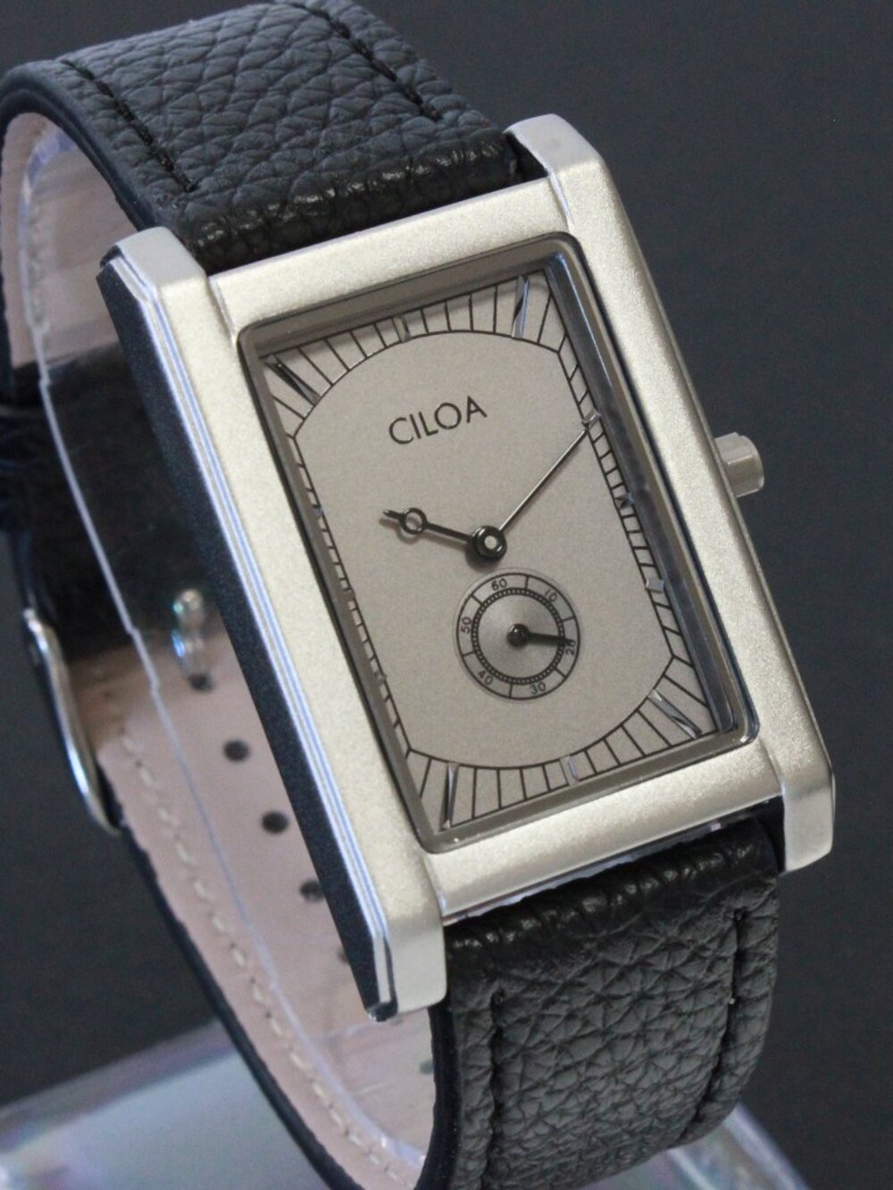 Men's Quartz Tank Style Watch Small Seconds Sub Dial Black Leather 28mm X 43mm